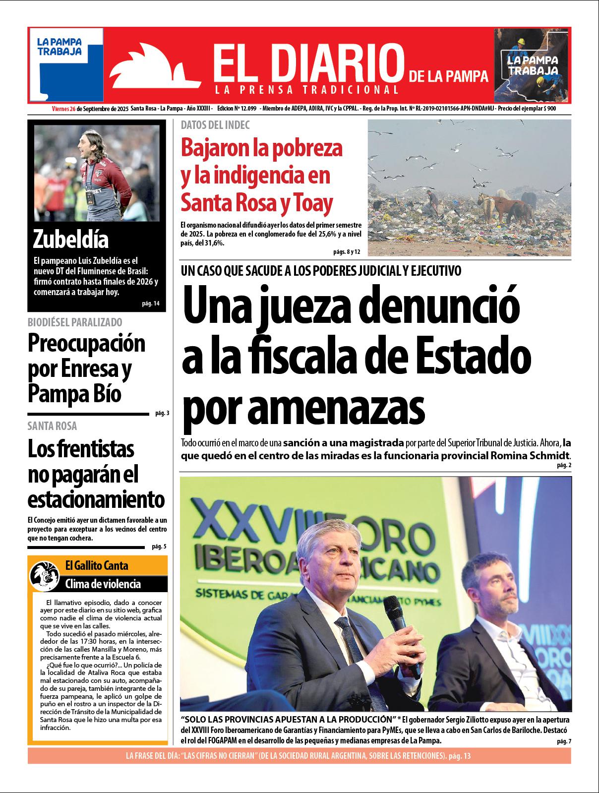 Tapa de El Diario en papel  viernes 26 de septiembre de 2025